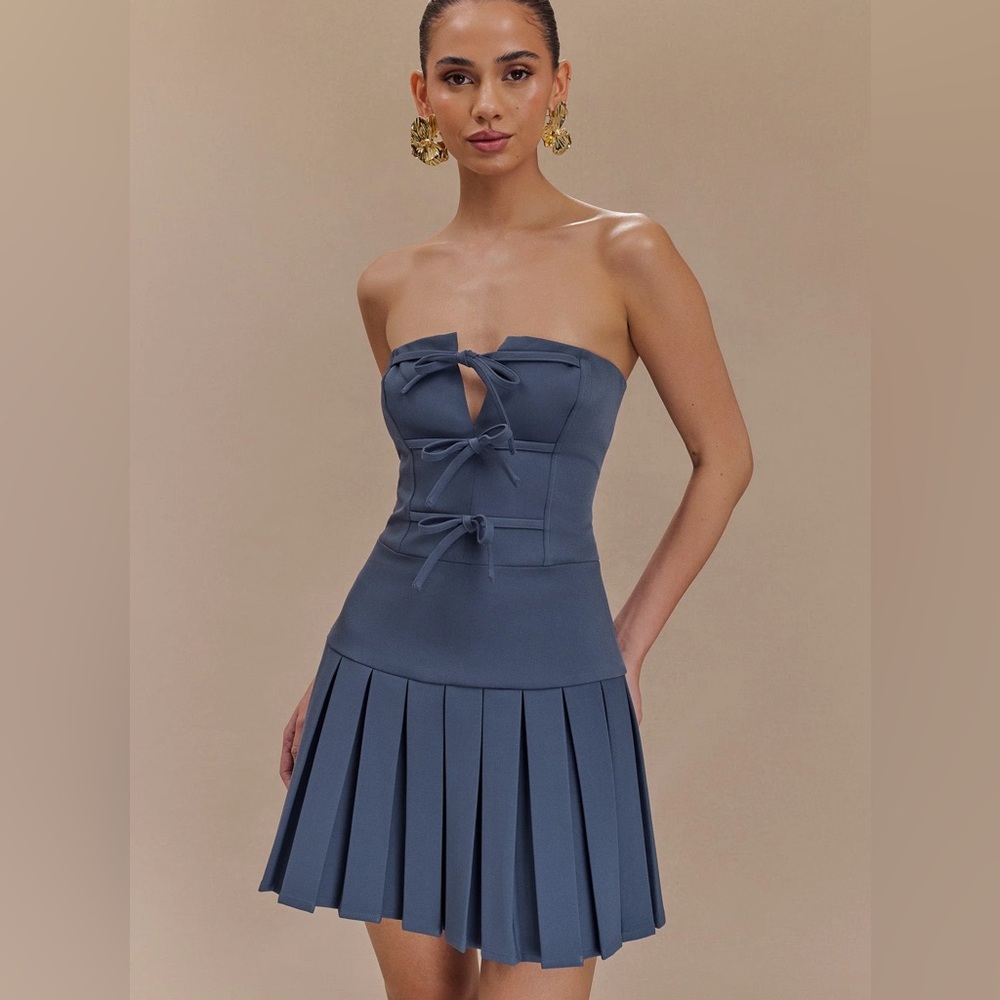 MESHKI Naya Pleated Mini Dress With Ties - Steel